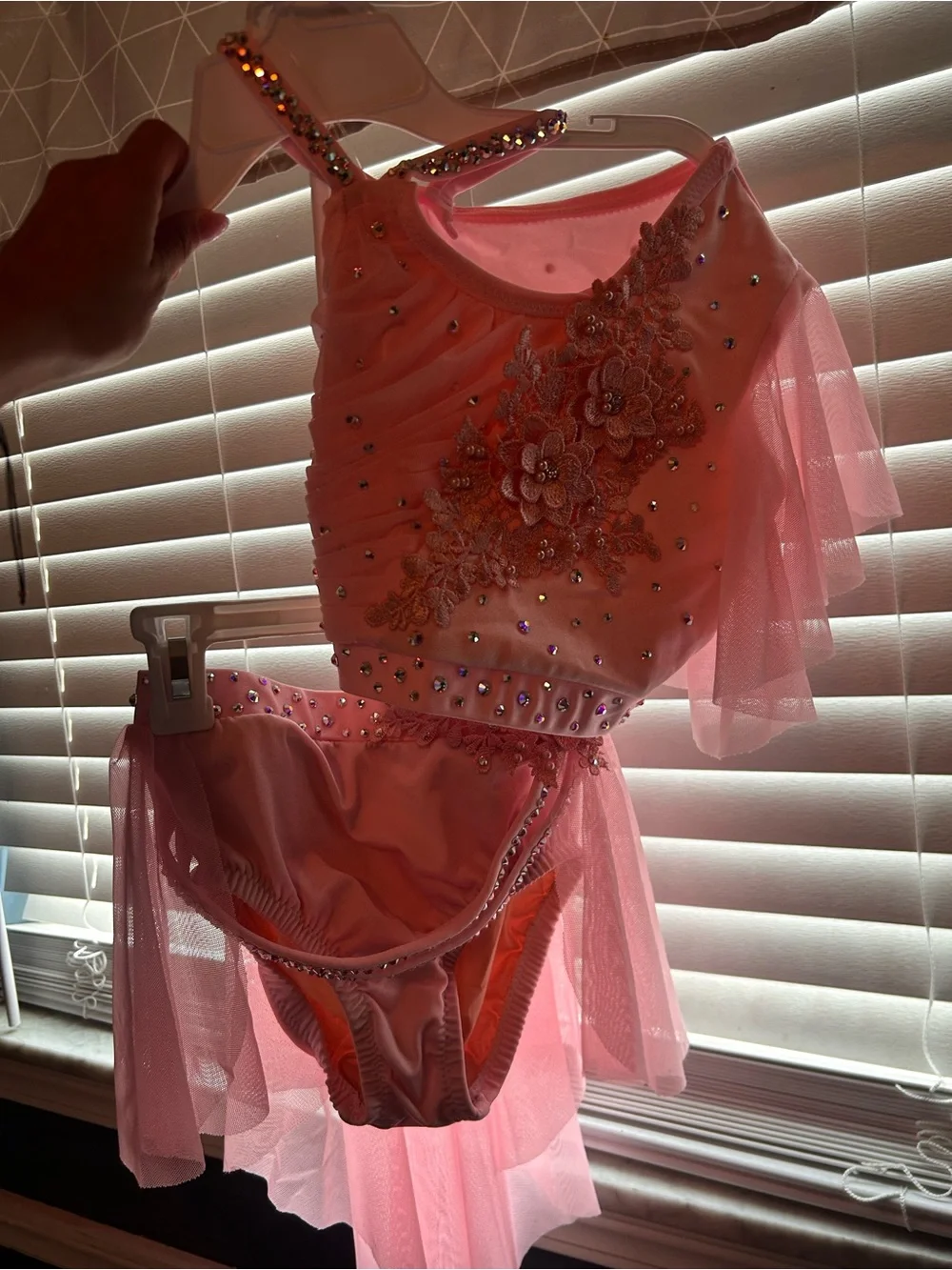 Pink Two-Piece Dance CUsTOME Costume with Draped Skirt fully rhinestoned